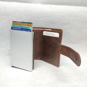 Genuine Leather RFID Blocking <b>Metal</b> Pop up Push Button Credit Card Holder <b>Wallet</b> Crazy Horse Cowhide Purse Man Custom Wholesaler - Product Image 3