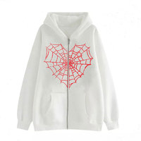 Sudadera con Capucha Oversize de Algodón 100% para Mujer Tallas Grandes, con Estampado de Telaraña Bordado, Cremallera, Estilo Casual Urbano para Otoño