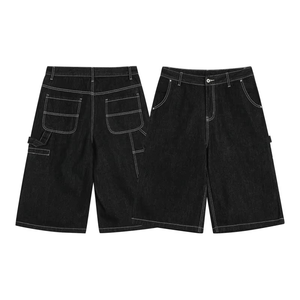 Pantalones cortos de mezclilla negros de alta calidad para hombre, holgados, hasta la rodilla, estilo baggy, con múltiples bolsillos, para verano, estilo urbano - Product Image 1