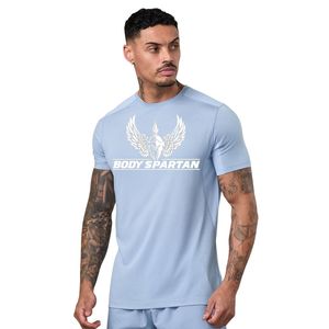 T-shirt de sport bleu clair pour homme, col rond, manches courtes, pour entraînement, gym, course à pied, vêtements de sport décontractés - Product Image 1