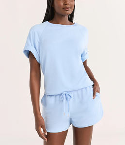 Conjuntos de 2 Piezas de Jersey de Algodón Hechos en Fábrica para Mujer, Camiseta de Cuello Redondo y Pantalones Cortos con Cintura Elástica, Manga Corta Raglán, Ropa de Verano para Chicas - Product Image 5