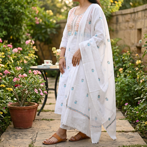 Handmade Women's <b>Chikankari</b> Cotton <b>Suit</b> with Sky Blue and Orange Embroidery Premium Set - Product Image 6