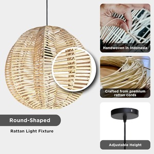 <b>Round</b>-Shaped Rattan Pendant <b>Light</b> Fixture Handwoven in Indonesia Adjustable Height <b>LED</b> Lighting Solution - Product Image 1