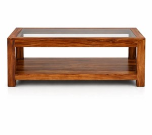 Modern Solid Wood <b>Coffee</b> <b>Table</b> with Glass Top | 2-Tier Wooden Center <b>Table</b> | Jodhpur Export - Product Image 3