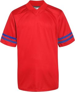 Maillot de sport rouge à manches courtes avec rayures bleues en polyester, vêtement de sport durable, tenue décontractée - Product Image 1