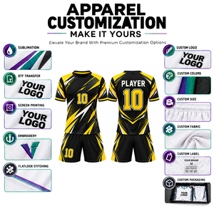 Tenue de football personnalisée noire et jaune à imprimé géométrique, sublimée, anti-humidité, manches courtes, coupe athlétique unisexe adulte - Product Image 3