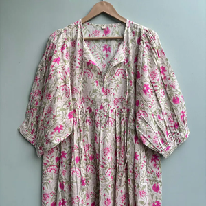 เดรสลำลองผู้หญิง ผ้าทอ 100% คอตตอน ลายพิมพ์ดอกไม้/สีพื้น แขนสั้น เอวทรงเอ็มไพร์ ทรงเบบี้ดอลล์ โอเวอร์ไซส์ คอวี ทรงหลวม - Product Image 3