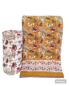 Edredón Acolchado de Doble Cara, Estampado a Mano, 100% Algodón Ecológico, Diseño Floral, Peso Medio, 260 GSM, Transpirable, Decoración para el Hogar - Product Image 1