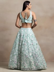 Mint Green Embroidered Ball Gown Lehenga with <b>Crop</b> <b>Top</b> and Organza Dupatta for Bridesmaid 100% Silk - Product Image 2