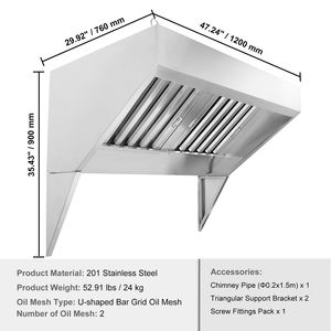 Cappa di scarico commerciale in acciaio inox 201 da 4FT per Food Truck e Rimorchi Concessioni, tipo a isola, con 2 griglie a U staccabili - Product Image 4