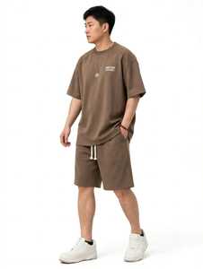 ONETEN <b>Men</b> Regular Fit <b>Short</b> Sleeve Jersey T-Shirt and <b>Shorts</b> Set Crew Neck Back Logo Two Piece Outfit 200 Grams <b>Brown</b> - Product Image 1