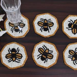 Bee Pattern Beaded Coaster Set Of 6 Reusable Bar Mats Novelty <b>Drinkware</b> <b>Accessories</b> Fabric Hexagonal Shape - Product Image 4