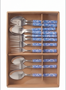 Ensemble de couverts en acier inoxydable à poignée florale, motif bleu, finition polie miroir, réutilisable, pour le camping - Product Image 6