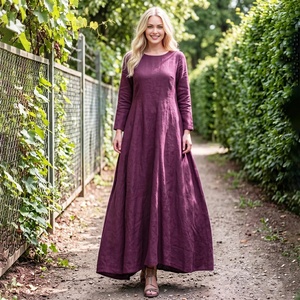 Robe midi vintage 100 % coton pour femme, col en V, manches cloche, taille haute, silhouette évasée, poches, grandes tailles, respirante - Product Image 1