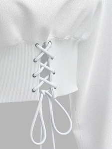 Sudadera Corta con Capucha para Mujer, Color Sólido, Elegante, Blanca, Manga Larga, con Cordones Delanteros, Estilo Casual, Tejido de Algodón para Otoño - Product Image 4