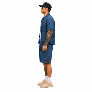 Top Quality Men's Denim Short <b>Set</b> Durable Fabric Stylish Shirt Matching Shorts Comfortable Fit Summer Wear Men Denim Short <b>Set</b> - Product Image 3