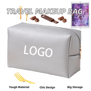 Bolsa de Cosméticos a Rayas de Gran Capacidad, Estuche de Maquillaje de Cuero Moderno con Cierre y Logotipo Impreso en Malla para Viaje - Product Image 5