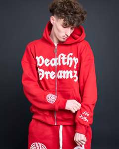 Red Hooded Winter Casual Sweatshirt Set with Heavyweight Cotton Fleece <b>Oversized</b> Pullover and Relaxed <b>Jogger</b> Pants Streetwear - Product Image 5