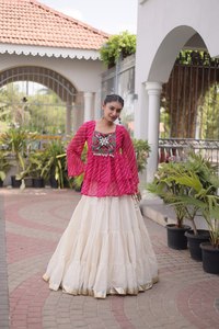 Pink Embroidered <b>Top</b> With Cream Lehenga Choli Traditional <b>Indian</b> Wedding Wear For Women Loose Fit Floor Length - Product Image 1