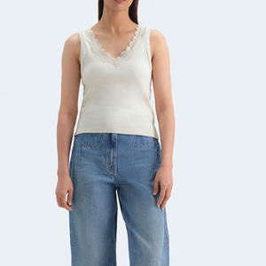 Camiseta sin mangas con cuello en V de encaje blanco para mujer, ropa informal elegante de alta calidad, camiseta sin mangas de talla grande para mujer - Product Image 1