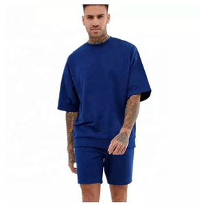 Shorts pour hommes très vendus, en coton épais, sweat-shirt à manches courtes avec shorts, broderie chenille, ensemble de shorts ajustés bleu royal - Product Image 3