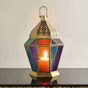 Hexagon Metal <b>Moroccan</b> Lanterns With Embossing Printing Colorful Glass Panels For Home <b>Decoration</b> Durable Hanging Candle Holders - Product Image 5