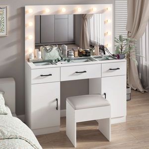 Large Lighted <b>Mirror</b> <b>Makeup</b> Vanity Desk Set with 3 Drawers 2 Cabinets Wood Top Vanity Table for Dressing Power Outlet Included - Product Image 3