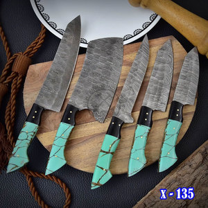 New Arrival Custom Handmade Damascus Steel Full Tang Chef <b>Knife</b> Durable <b>Sharp</b> Professional <b>Kitchen</b> <b>Knives</b> Set w/ Resin Handle - Product Image 5