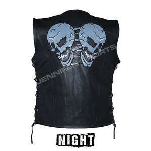 Chaleco de cuero negro personalizado para hombre con calavera bordada, nuevo chaleco de piel de vaca OEM para motociclismo en invierno - Product Image 4