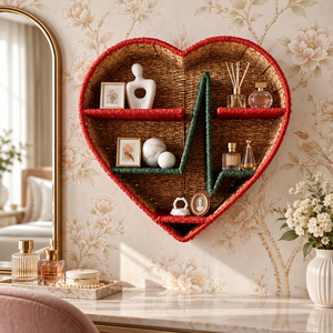 Hanging Bohemian <b>Heart</b> Shaped Seagrass Wall <b>Shelf</b> with Red Border and Green Heartbeat Design - Product Image 4