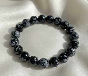 Handmade AAA Snow Flake obsedian Round Bead Bracelet – Polished Gemstone Stretch Bracelet for <b>Men</b> & Women - Product Image 3