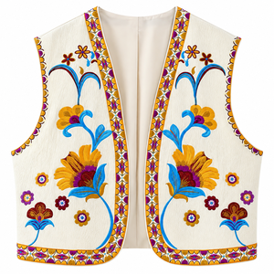 Chaleco de Algodón Bordado de Terciopelo Color Marfil, Chaleco sin Mangas para Mujer, Chaqueta Boho con Estampado Floral Suzani para Festivales - Product Image 3