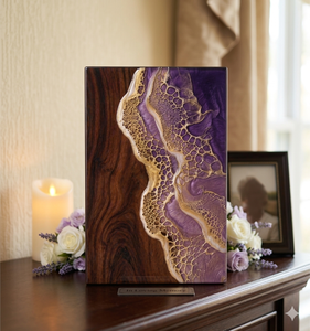 Wood <b>Memorial</b> Photo Frame Resin Urn <b>Keepsake</b> Box Purple Gold Ripple Funeral Tribute Decor - Product Image 2