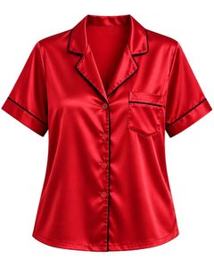 Conjunto de pijama de satén rojo personalizado para mujer, ropa de dormir de seda de lujo, traje de noche con botones, conjunto de loungewear suave de manga corta. - Product Image 5
