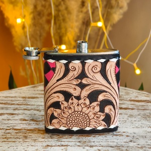Mini Botellas de Cadera de Cuero Genuino de Primera Calidad con Diseño Floral a Cuadros, Tapa Metálica Nueva, Botella Ligera - Product Image 3