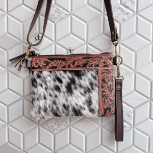 Western Patterned Leather Cowhide Fur Handbag Hand Tooled Carving Leather Tassel <b>Boho</b> Hot Sale Fur Sling <b>Bag</b> for Women - Product Image 1