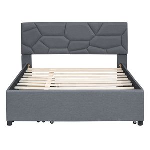 Letto matrimoniale imbottito con testiera in tessuto di lino grigio con motivo a mattoni e letto estraibile singolo con 2 cassetti - Product Image 3