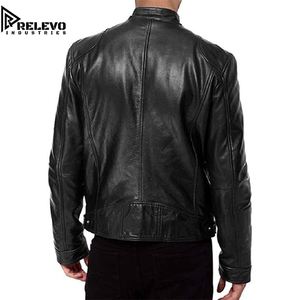 Blouson de motard en cuir véritable pour homme, sur mesure, de haute qualité, coupe ajustée, avec col à boutons-pression et poches zippées - Product Image 2