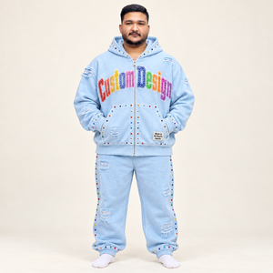 Ensemble de survêtement unisexe effet vieilli avec veste polaire zippée et pantalon de survêtement décontracté, broderie personnalisée, style streetwear - Product Image 2