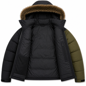 Veste d'hiver décontractée en velours côtelé pour homme, avec capuche amovible en fausse fourrure, logo frontal, rembourrage en duvet, imperméable et coupe-vent, vente en gros - Product Image 4