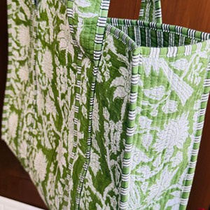 Green Floral Quilted Cotton Tote <b>Bag</b> Bohemian Style Open Top Shopping <b>Bag</b> All Seasons - Product Image 5