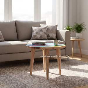 Table basse artisanale de conception ronde avec espace, en bois de bateau recyclé couleur naturelle, pour intérieur, extérieur, maison et jardin - Product Image 4