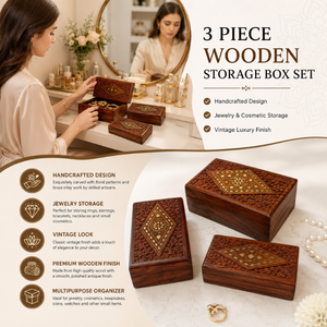 Premium Set of Three Handcrafted Wooden Storage Boxes Vintage Jewelry Organizer <b>Case</b> for Necklace Rings Earrings Cosmetic Gift - Product Image 5