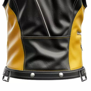 Chaleco de Moto Personalizado para Hombre en Cuero PU, Color Amarillo y Negro con Bloques de Color, Cierre de Cremallera, Cuello Camisero, Sin Mangas, Estilo Otoñal - Product Image 6