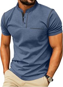 Camiseta de Manga Corta para Hombre, Cuello Alto, Corte Regular, Tejido de Punto, Color Sólido, Diseño con Bolsillo y Ribete en Contraste - Product Image 2