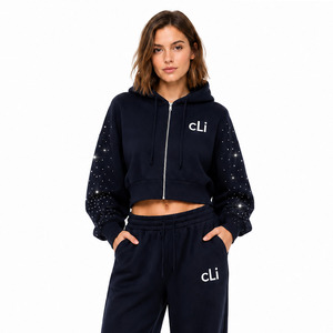 Ladies Boutique Sparkly Oversized Drop Shoulder Crop Zip <b>Tracksuit</b> Custom Rhinestone <b>Y2K</b> Hoodies Sweatpants Heavyweight Cotton - Product Image 4
