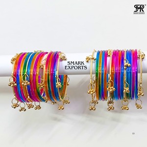 Ensemble de bracelets multicolores plaqués or de style cachemiri, Ghungru pour les deux mains, bijoux traditionnels indiens Chudi, mode féminine, bijoux de mariée - Product Image 3