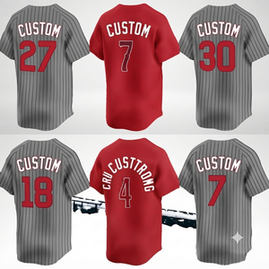 Premium Quality Baseball Jersey Stitched Team Uniform Personalized Athletic Wear Red Grey Pinstripe Men's V-neck 100% Cotton - Product Image 1