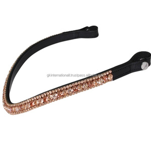 Wave Shape Black <b>Brown</b> Leather Equestrian Horse Racing brow band with Fancy Rose Gold <b>Shining</b> Crystals Diamante brow band - Product Image 5