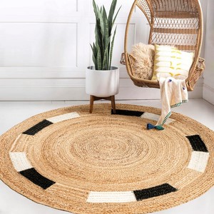 Round Geometric Jute Area Rug Modern Flat Weave Non <b>Slip</b> Living Room Floor <b>Mat</b> With Black White Accents - Product Image 2